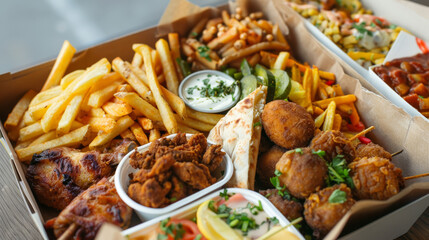 frybox with fries, chicken, potato balls, pita and more