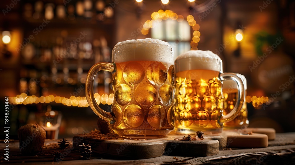 Poster two mugs of beer with foam on top, sitting on a wooden coaster in a dimly lit pub setting. generativ