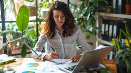 Modern Businesswoman Analyzing Ethical Investments with ESG Principles in Office Setting