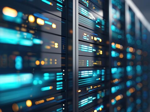 Futuristic Cybersecurity Compliance Check in Server Room with Copy Space, Regulatory Adherence, and Overlay for Audit Background