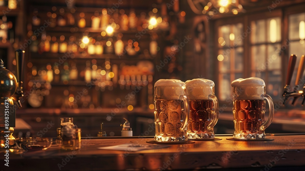 Aufkleber Three full pints of beer sit on a bar counter in a dimly lit pub with a bar shelf in the background. Generative AI