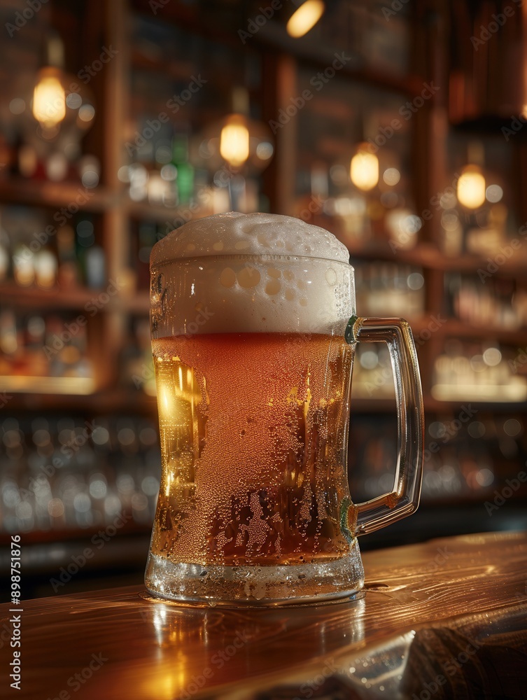 Poster a glass of beer with a thick head of foam sits on a wooden bar counter, with a blurred background of