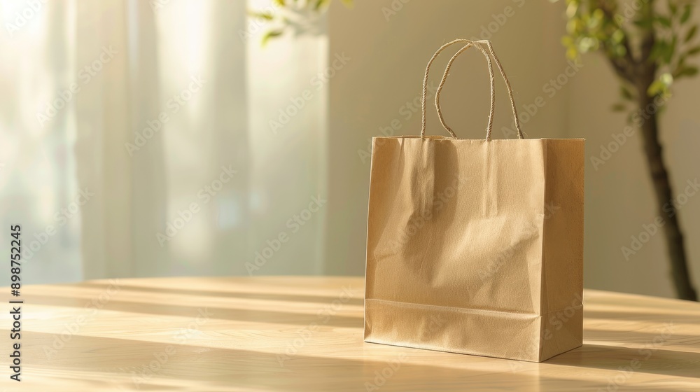 Poster paper bag with handles on table with light background