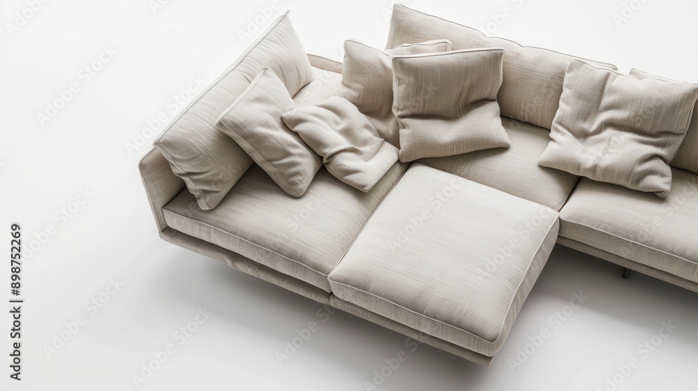 Aufkleber A modern white sectional sofa with several white pillows on top. The sofa is photographed from a high angle, and the background is white. Generative AI