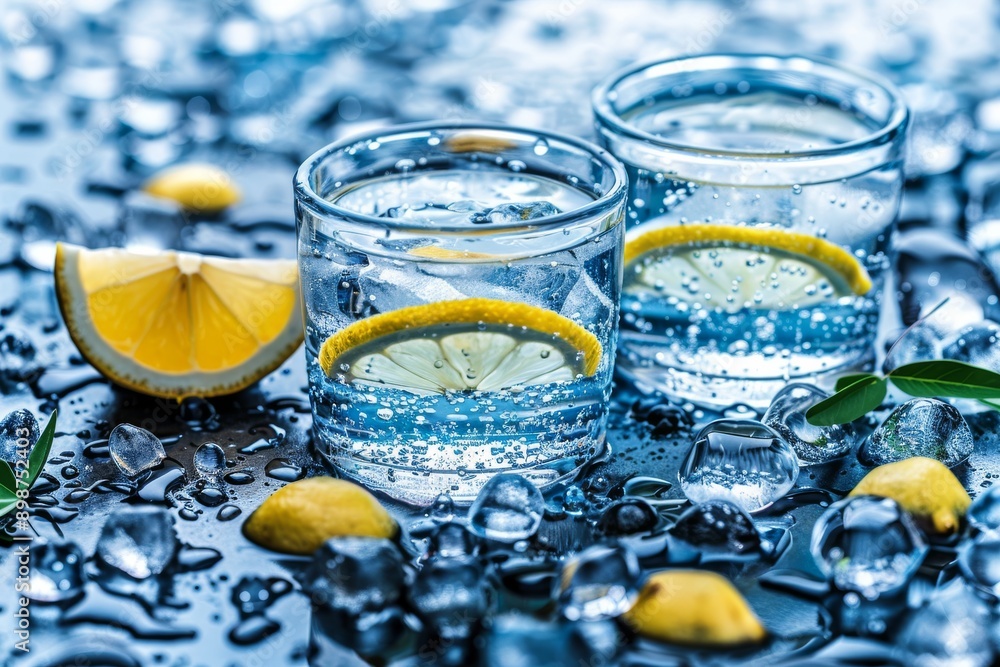 Poster two glasses of sparkling water with lemon slices on a wet surface emphasizing refreshment and coolne