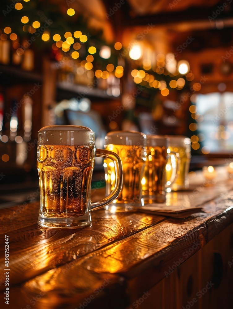 Poster four full beer mugs are lined up on a wooden bar counter in a dimly lit pub. generative ai