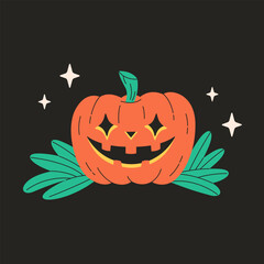 Cute Halloween pumpkin with leaves. Happy Halloween. Vector illustration in flat style