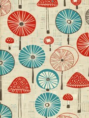 A colorful pattern of mushrooms and trees is printed on a white background