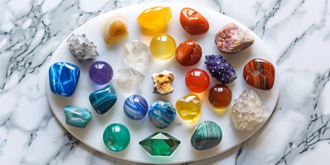 Vibrant Collection of Polished Gemstones and Crystals on White Marble Background