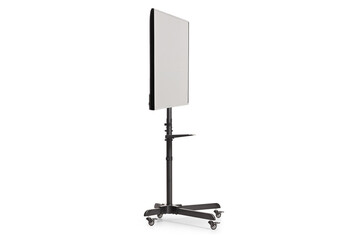 Black metal tv stand on wheels with a flat tv screen mounted