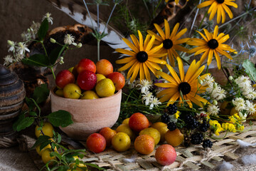 floral composition of wildflowers using cherry plum fruits and bird feathers. naturalistic style.