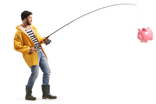 Guy fishing and catching a piggy bank with a fishing rod