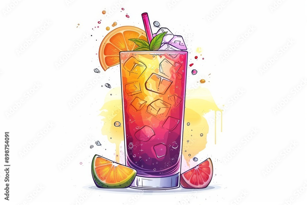 Aufkleber an artistic splash of colorful drinks with ice and fruit emphasizing vibrancy and refreshment