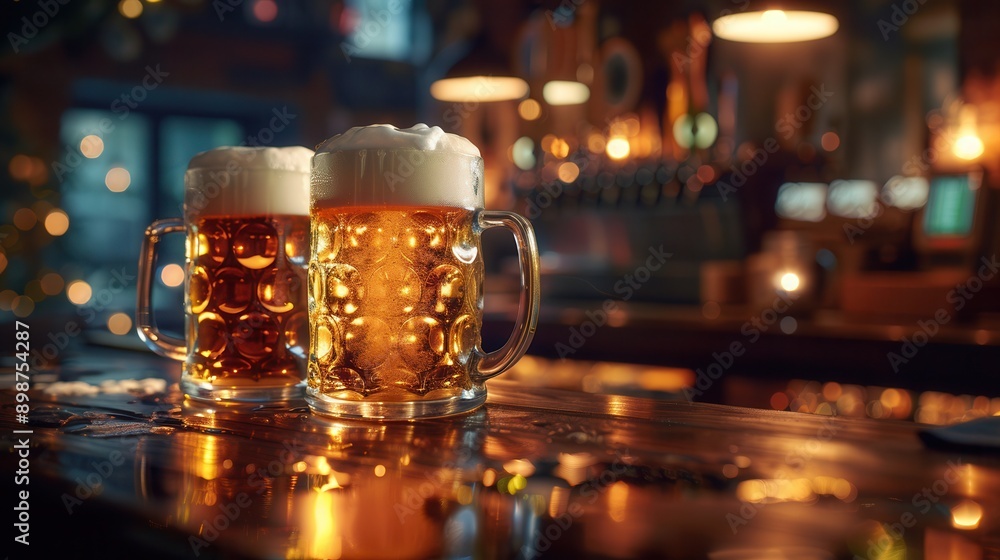 Poster two beer mugs full of beer with foam on top sit on a wooden bar counter, with a blurred bar and ligh