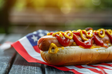 A hot dog with ketchup, mustard with an american stars and stripes flag. 4th July celebration food
