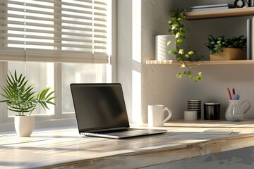 Fototapeta premium Home workplace with laptop computer on desk