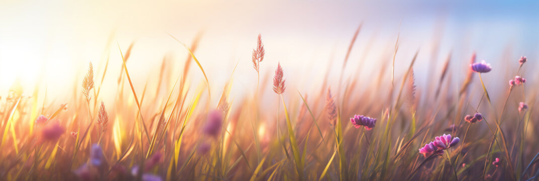 A colorful meadow full of tall flowering grass on a flat landscape in summer time at daytime with sunbeams, a colorful rustic pastoral landscape panorama design with copy space for greeting cards 