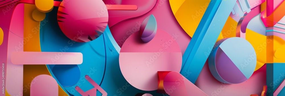 Poster this abstract image features a vibrant mix of geometric shapes in a colorful palette. the overlappin
