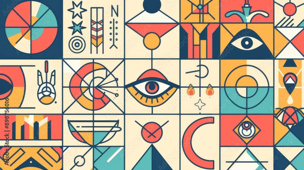 Poster this abstract geometric pattern features a grid of various shapes, including eyes, stars, and geomet
