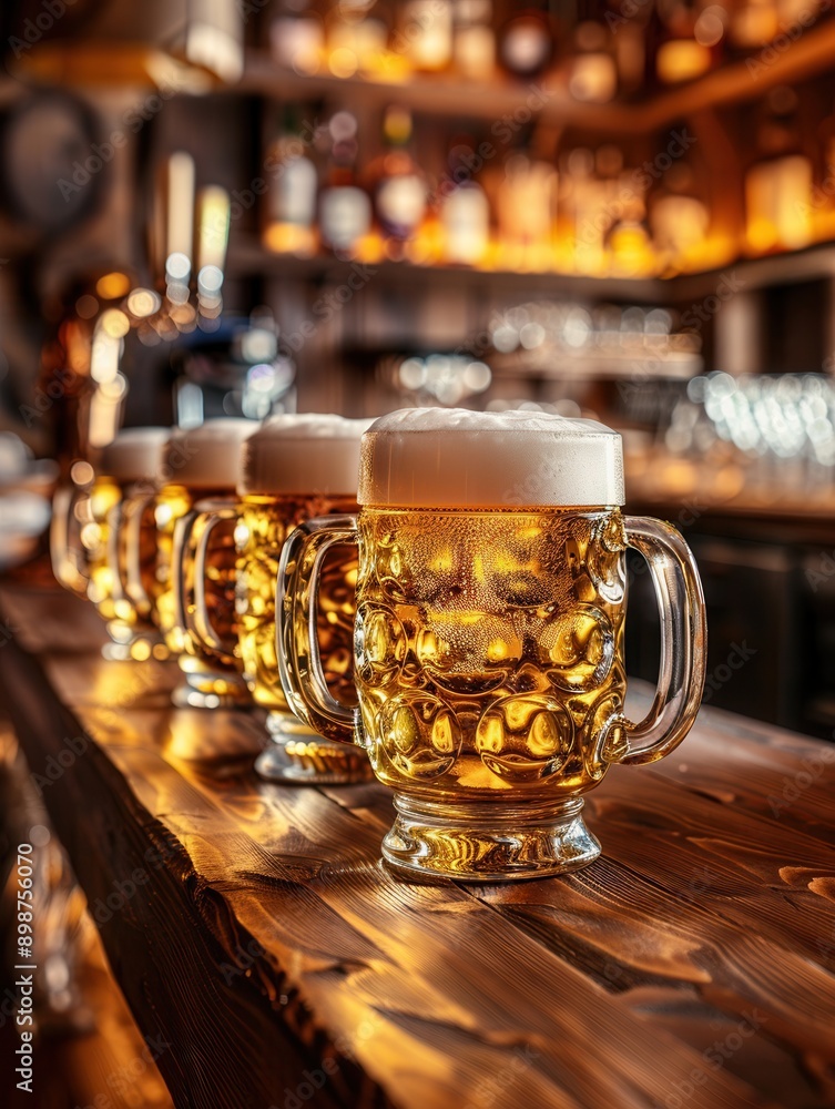 Aufkleber Full beer mugs with white foam stand in a row on a wooden bar counter in a pub. Generative AI
