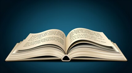 Obraz premium An open book with pages filled with text. The illustration style is vector, with a simple and elegant color scheme against a dark blue background. A 3D rendering effect is used