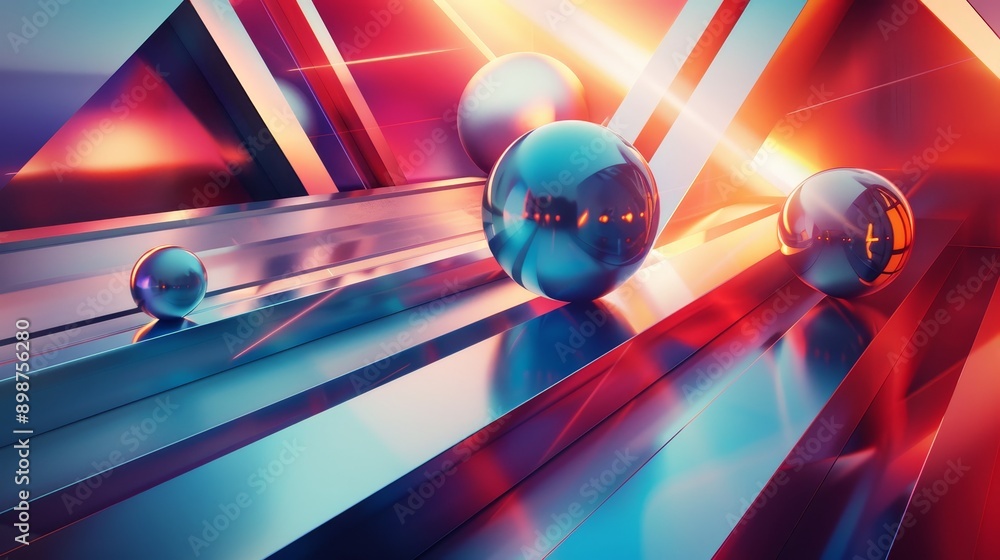 Poster an abstract composition featuring metallic spheres and geometric shapes, illuminated by red and blue