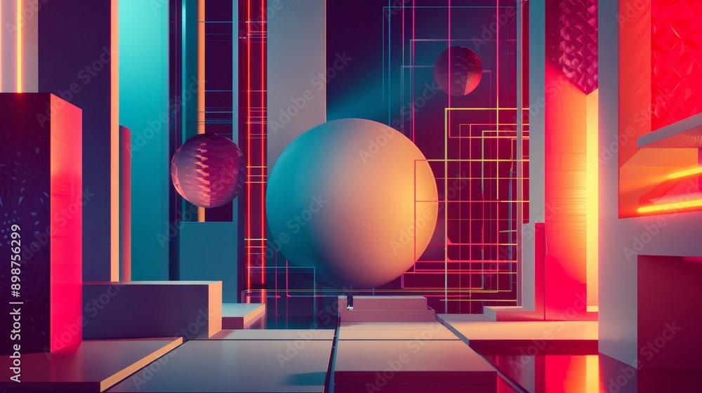 Poster an abstract 3d rendering featuring vibrant neon lights, geometric shapes, and a futuristic space. th