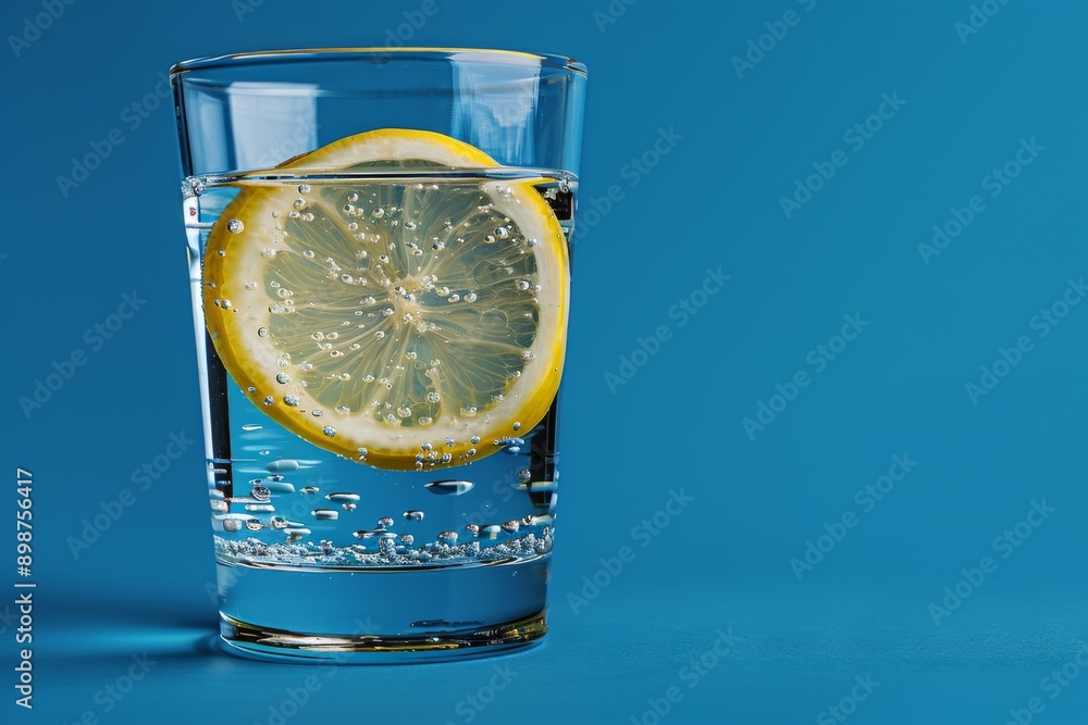Poster glass of sparkling water with lemon slice on a blue background emphasizing refreshment and simplicit