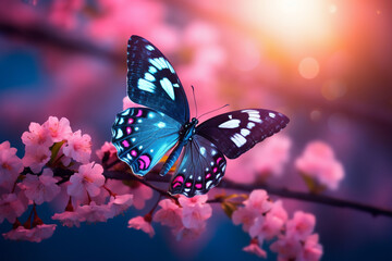 A macro shot with shallow depth of field of a magical neon butterfly which is flyingwith a background of typical flowers such as cherry blossom a summer background with bokeh and a sunset lighting; ba