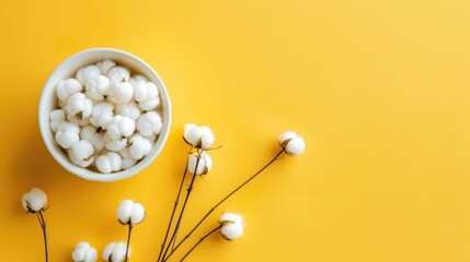 Top view of yellow background with fresh cotton buds in container copy space
