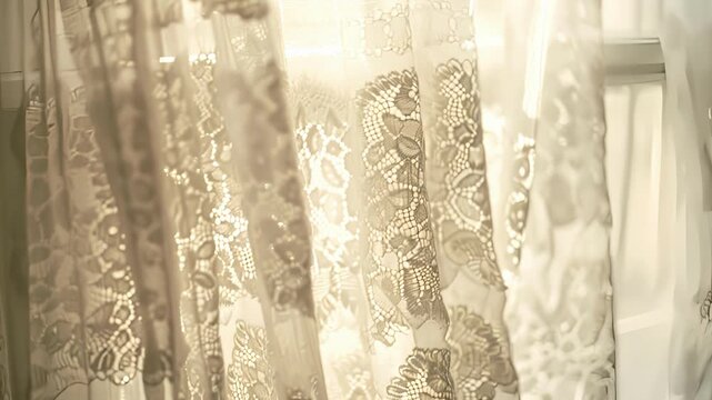 Layers of lace curtains cascade over the windows allowing soft light to filter into the room.