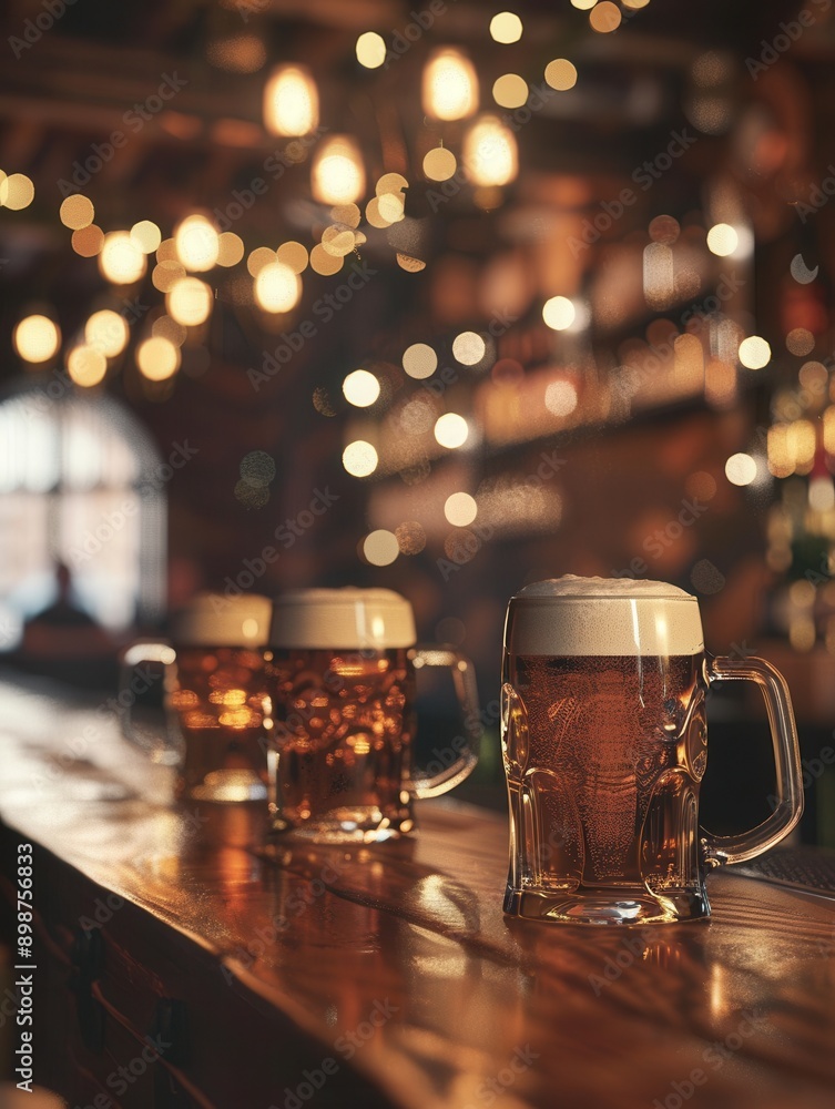 Poster three beer mugs, full of beer and with a head of foam, are placed on a wooden bar counter in a dimly
