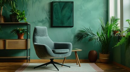 A green room with a chair and a table