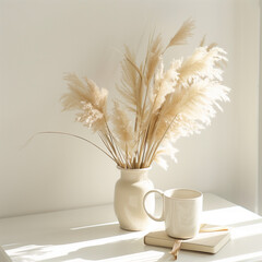 Aesthetic minimal office workspace interior design. Mug, notebook, pampas grass floral bouquet on white table against white wall. Girl, woman boss work at home business concept.