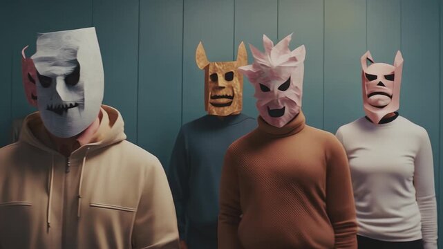 Several scary people in paper masks looking at the camera. Social isolation. Bullying and persecution. Mental illness. Racism. Symbolic cinematic video. 
