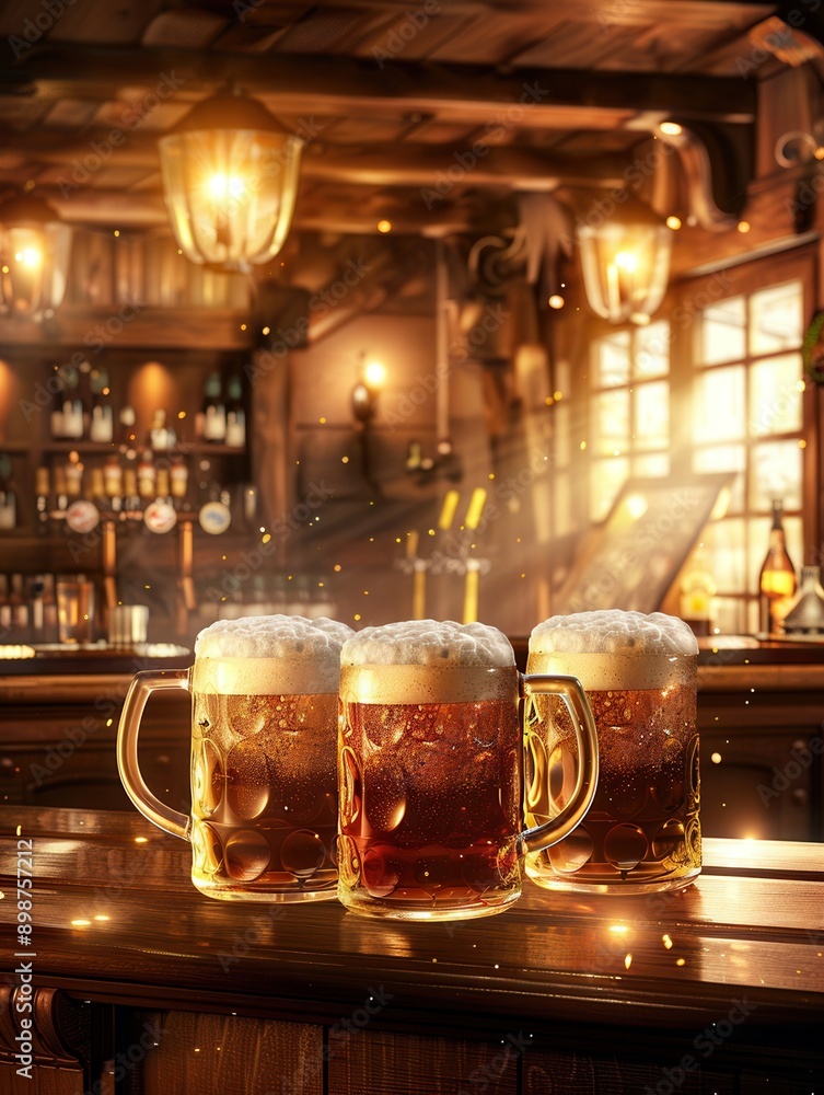 Poster three full mugs of beer with frothy tops sit on a wooden bar counter. the pub is dimly lit with warm