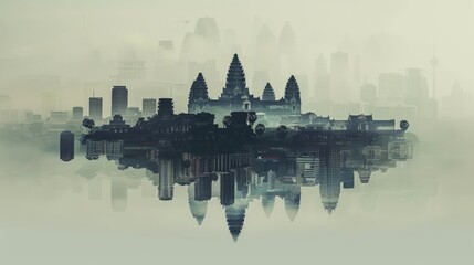 Obraz premium The majestic Angkor Wat temple in Cambodia is reflected in the calm waters of a misty morning, symbolizing peace, history, spirituality, architecture, and reflection.