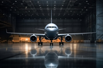 One military jet standing in a large hangar for maintenance or repair work; a front view of a modern airplane without people 