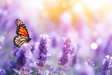 A medium shot with a soft focus of a monarch butterfly which is sitting on a blooming flowerwith a background of typical flowers such as lavender a summer background with bokeh and avintage; banner or