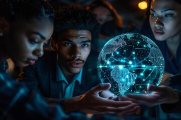 Title: Diverse Entrepreneurial Team Strategizing Global Expansion Through Data Analysis and International Investment