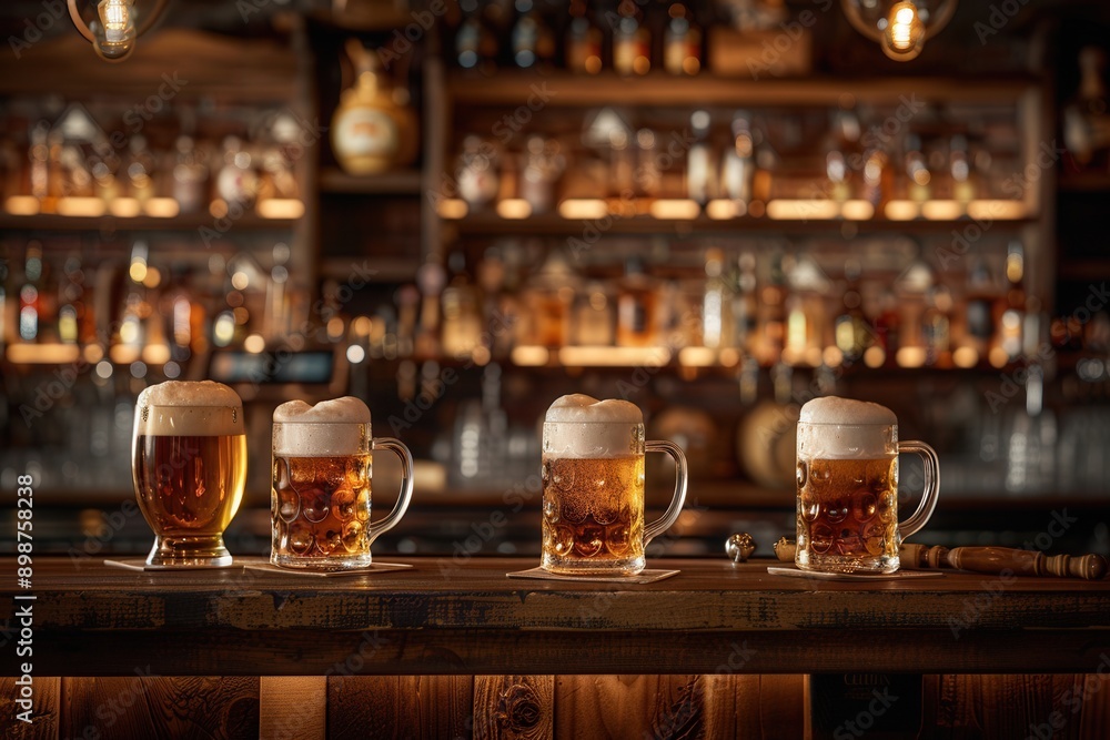 Poster Four full pints of beer sit on a bar counter in a dimly lit pub. The counter is made of wood and the background is a wall of shelves stocked with liquor bottles. Generative AI