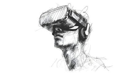 Sketch of a person wearing virtual reality glasses isolated on a transparent background, PNG