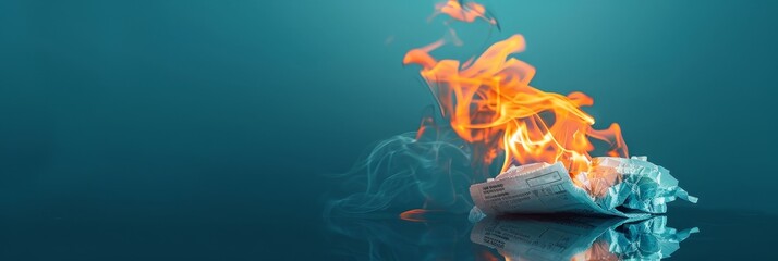 A crumpled piece of paper engulfed in flames, symbolizing loss, destruction, chaos, uncertainty, and a fresh start.