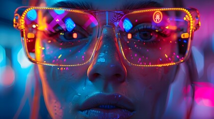 Futuristic Vision in Neon Lights: Woman with High-Tech Eyewear in Vibrant Cityscape