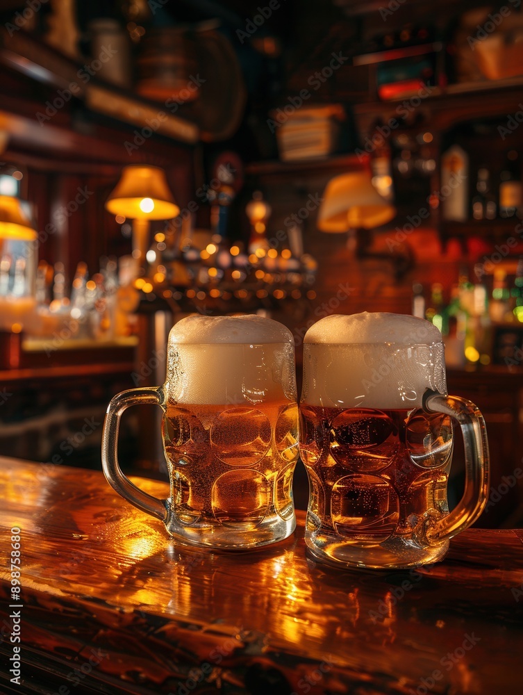 Poster two full beer mugs sit side by side on a wooden bar counter in a dimly lit pub. generative ai