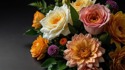 Colorful artificial flowers bouquet isolated on black background with copy space for greetings