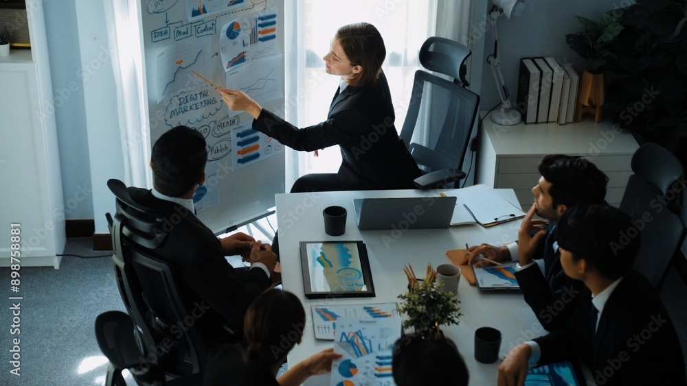 Poster top view of smart manager project pointing at whiteboard with mind map and financial graph and expla
