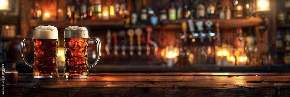 Poster two full beer mugs sit on a bar counter, ready to be enjoyed. the bar is dimly lit, with shelves ful