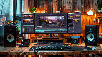Modern video editing workspace with large screen and camera