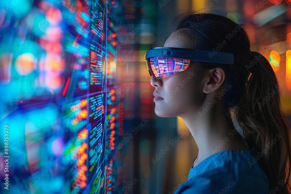 Poster woman in high-tech office engaging with virtual reality visuals of advanced ai algorithms in neon co